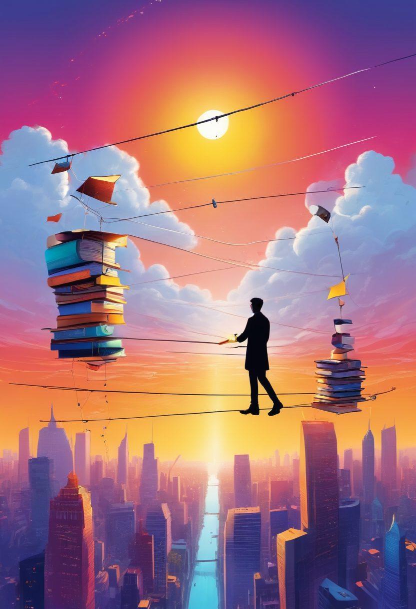A whimsical illustration of a person skillfully balancing on a tightrope strung between two giant books, with digital devices like laptops and smartphones floating around. Bright colors depicting pathways of words and images leading into the horizon, symbolizing storytelling. A backdrop of a vibrant city skyline with a sunrise, representing new beginnings in digital content creation. playful, dynamic, and engaging elements. vector art. vibrant colors. white background.