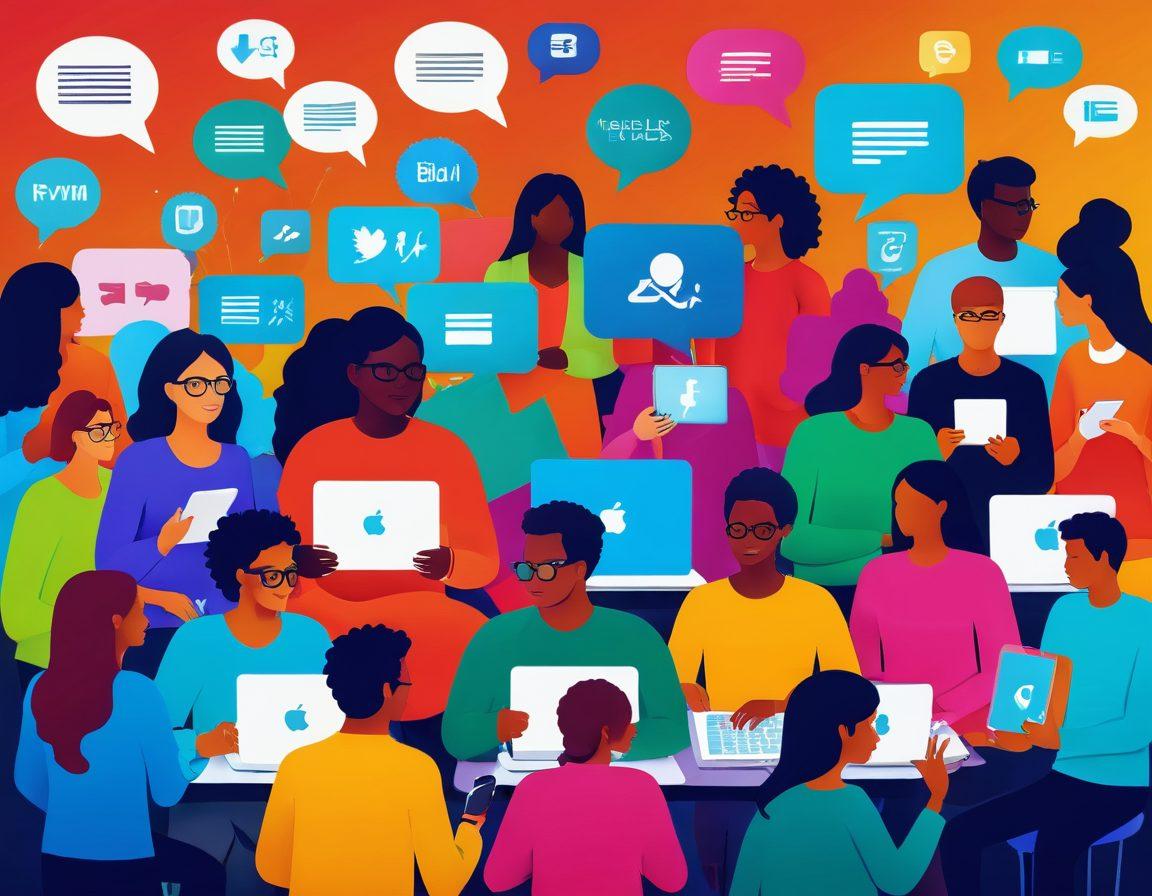 A vibrant collage depicting digital storytelling, featuring a diverse group of people interacting with various digital devices like tablets and laptops. Illustrate colorful narratives emerging from the screens, symbolizing creativity and engagement. Include elements like dialogue bubbles and visual icons representing community and collaboration. The background should be energetic and inspiring, reflecting a thriving digital environment. super-realistic. vibrant colors. 3D.