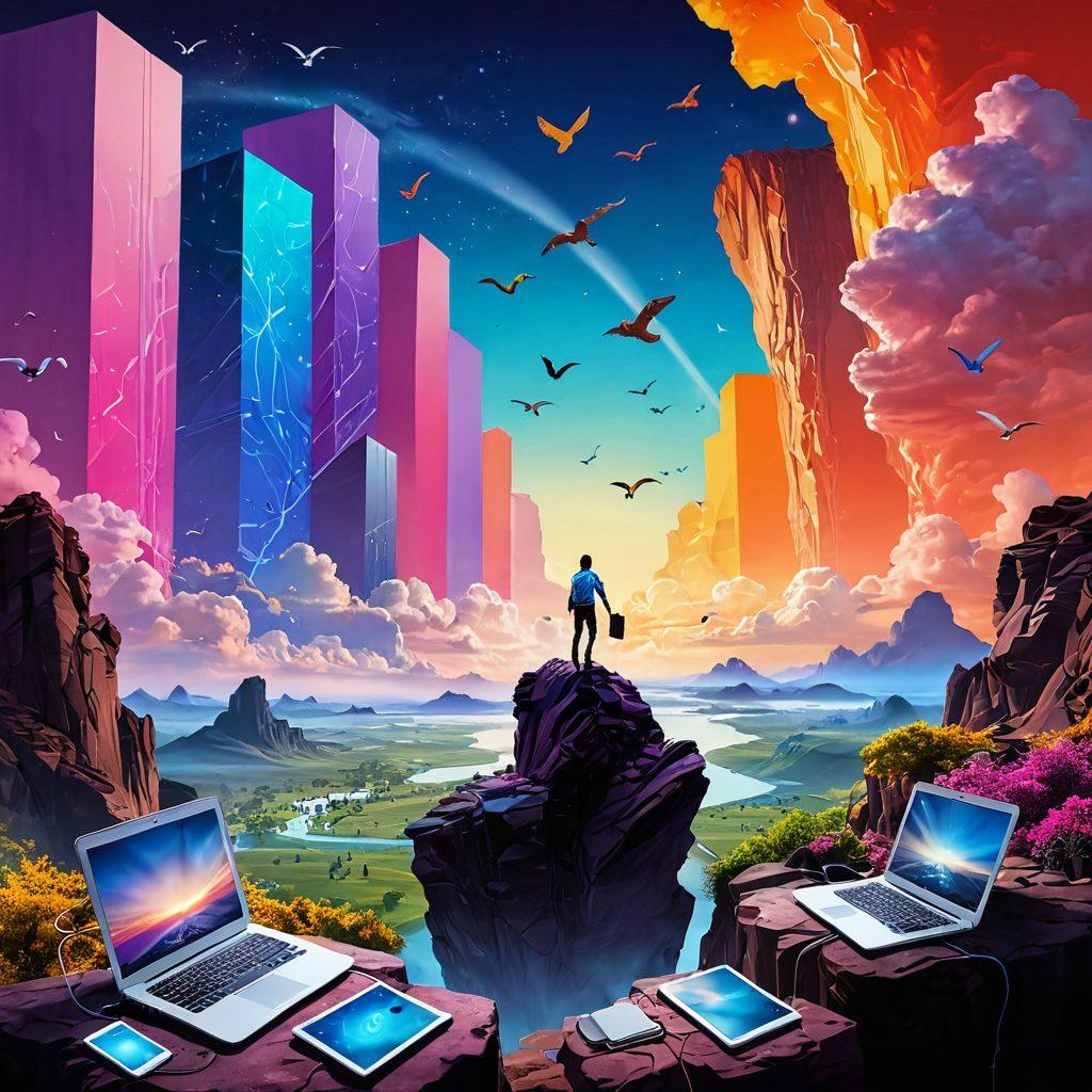 A dynamic scene illustrating a journey from a simple online journal to a sprawling digital landscape filled with towering content giants representing various blogging platforms. Include a metaphorical landscape of laptops and tablets as stepping stones in a vibrant, colorful environment. Depict a figure climbing towards an ethereal skyline representing aspiration and success in the blogosphere. super-realistic. vibrant colors. 3D.